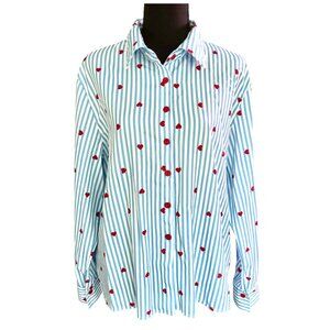 Women's Blue Striped Button Up Blouse with Hearts - Size X Large